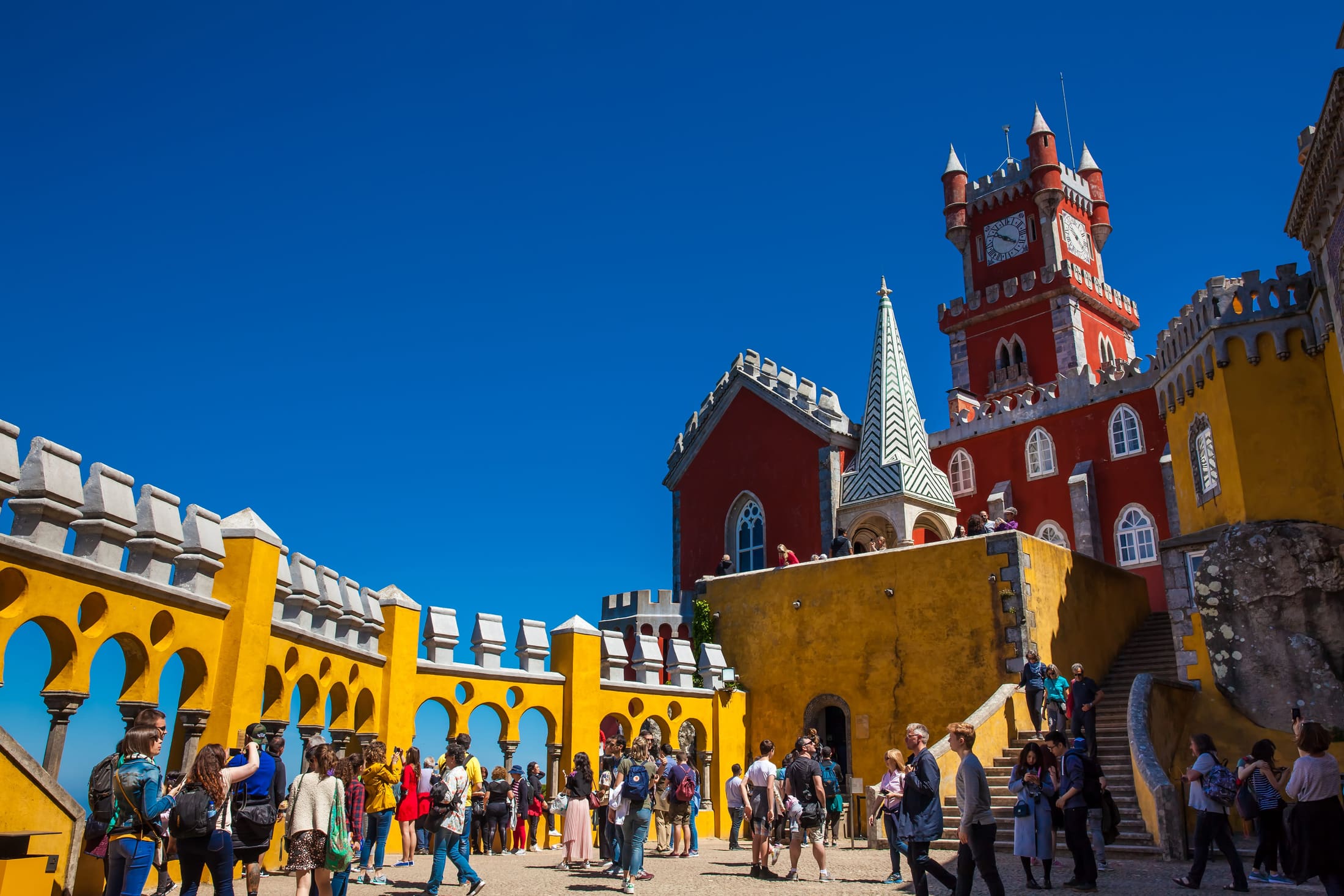 Crowds on Pena Palace terraces during a busy Sintra day tour