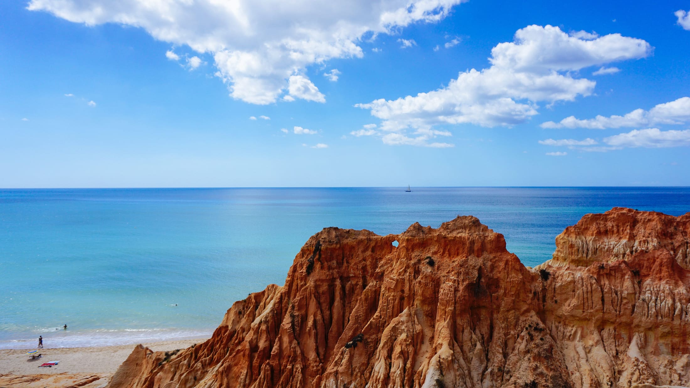 Sunny Algarve beach cliffs and blue Atlantic water