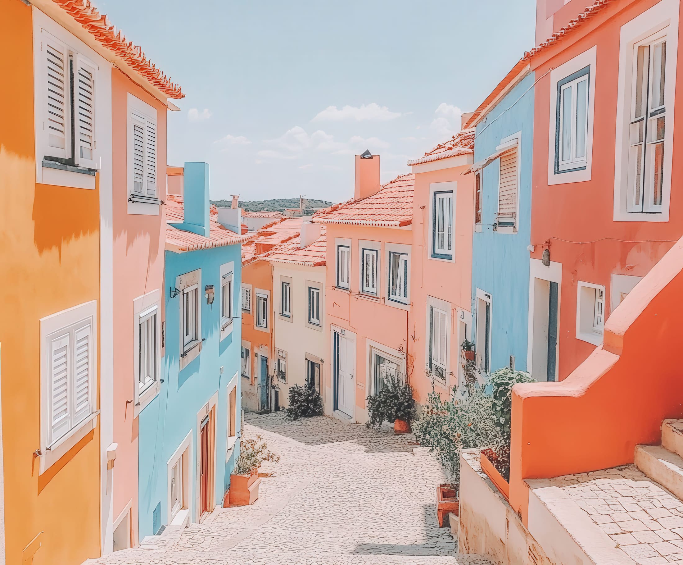 Colorful Portuguese town street where parking and access need planning