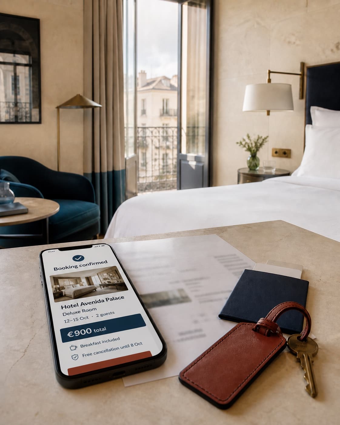 A confirmed hotel reservation with its price and conditions displayed on a phone