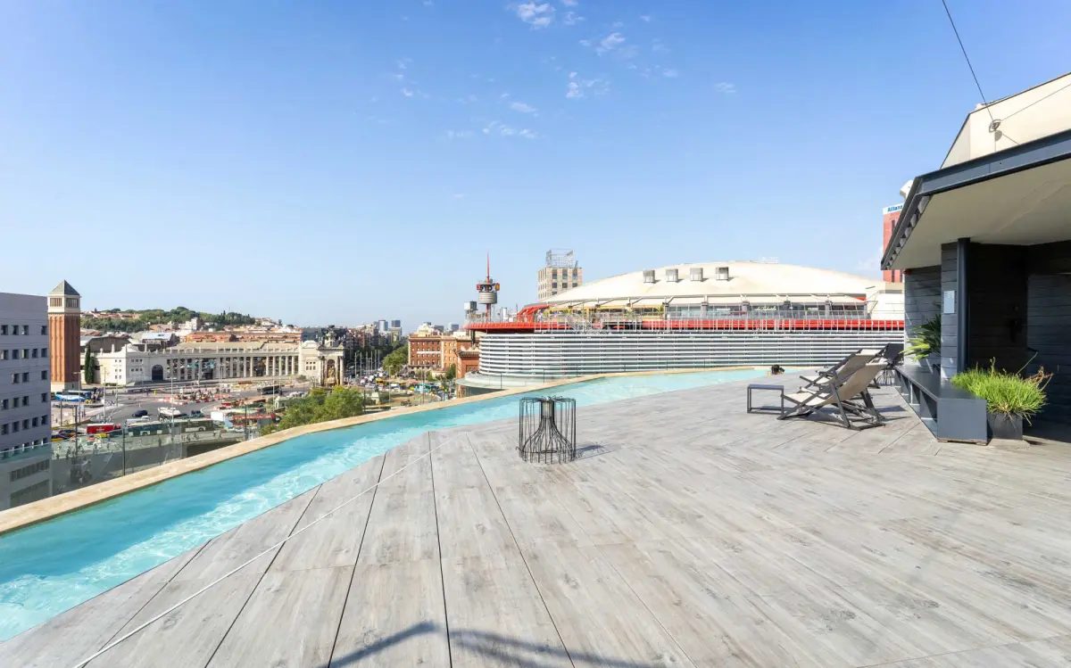 B-Hotel’s rooftop pool and deck, with the Arenas dome beyond.