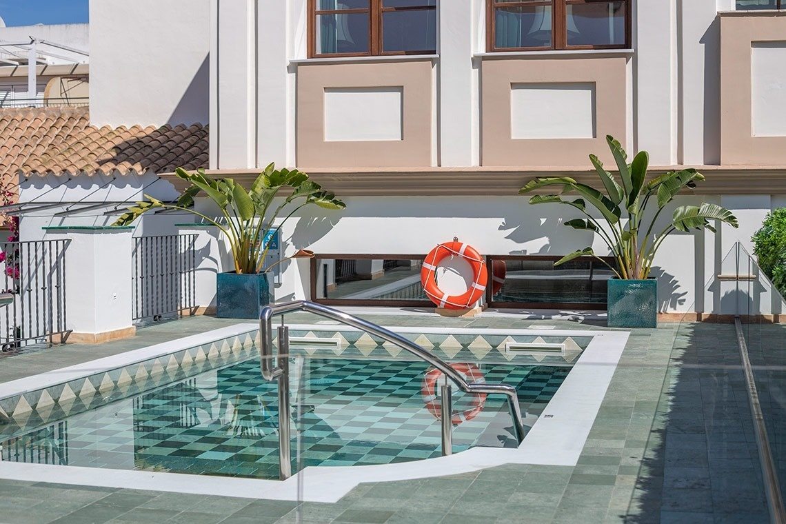 Rooftop pool with seating and planting at Casa Palacio Don Ramón
