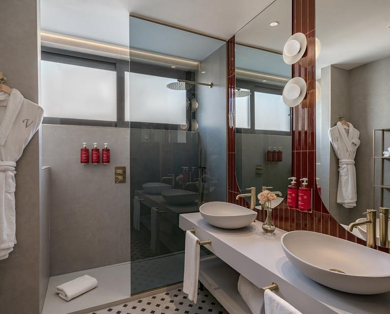 Glass-enclosed shower and two round washbasins in a hotel bathroom.