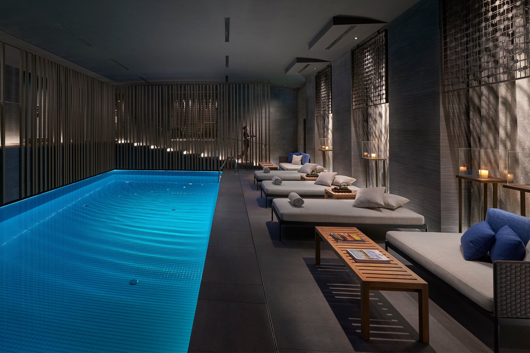 Indoor swimming pool and loungers at Mandarin Oriental, Milan