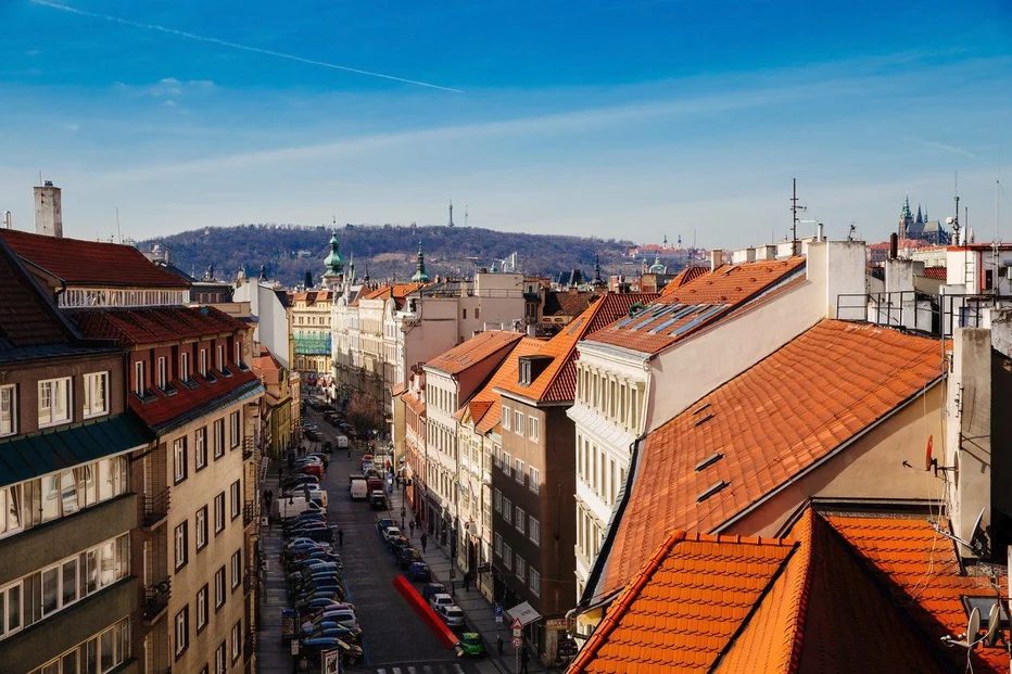 Elevated view along a street between historic buildings and red roofs.