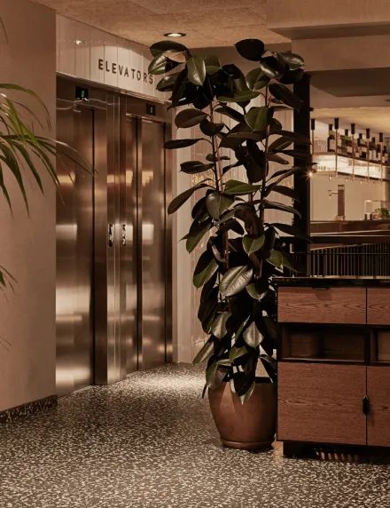 Plants, patterned floor, lift doors and a bar counter in Cosmo’s shared interior.